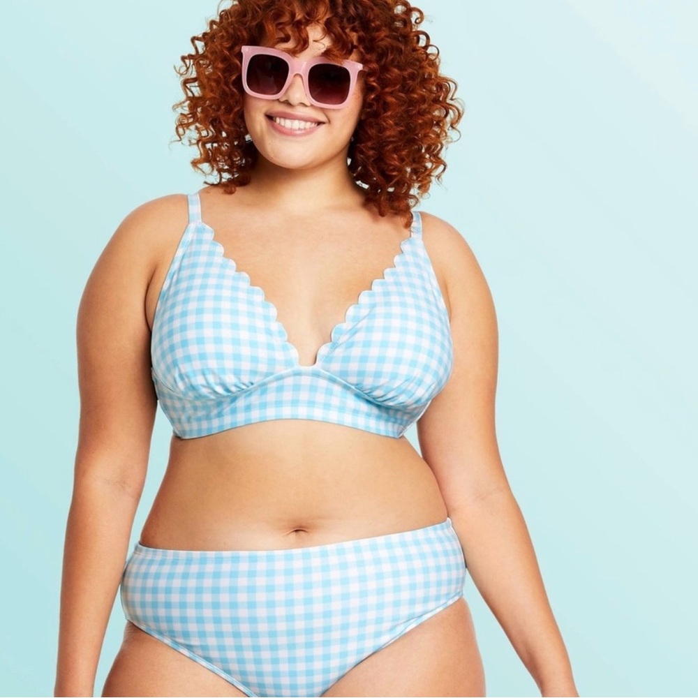 Stoney Clover Lane Light Blue Gingham Scalloped Bikini Top & Bottom Swim Set 1X